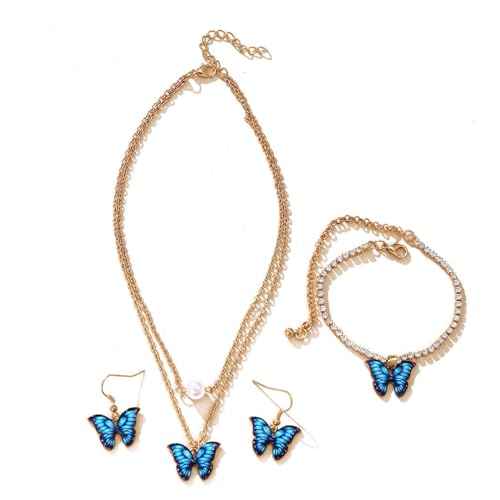 ZCCZJS Mädchenschmuckschmucksets für Frauen für Frauen Strassbutterfly und Ohrring -Set -Layered Perlen Halskette Perlenkristallarmband Accessoires von ZCCZJS