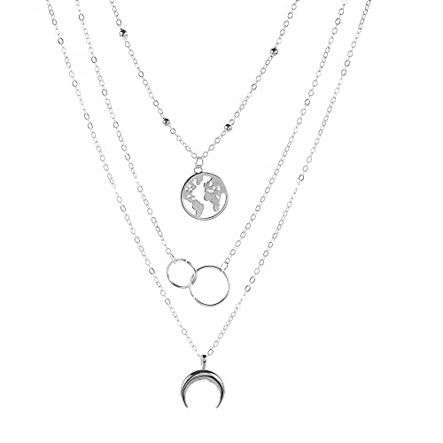 ZCCZJS Moon World Map Circle Anhänger mehrschichtiger Gold Halskette Party Schmuckzubehör für Frauen von ZCCZJS