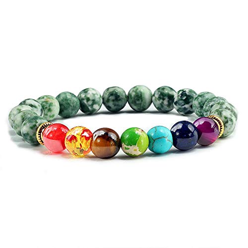 ZCCZJS Naturstein Tiger Auge 7 Chakra -Armbänder & Armreifen Yoga Balance 8mmbads Buddha Gebet Elastisches Armband Männer 20 cm grüner Punkt von ZCCZJS