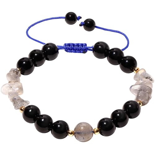 ZCCZJS Verstellbare handgefertigte schwarze Obsidian- und Mondsteinschmuck Perlen Armbänder spirituelle Kristallchips Schutzarmbänder für Frauen lieben Geschenke von ZCCZJS