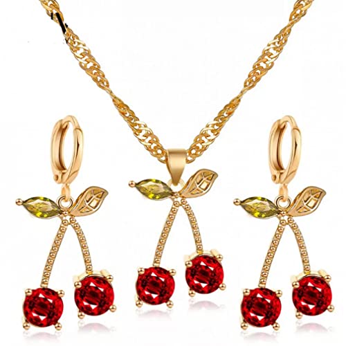 ZCCZJS weiblicher roter Kristallschmuck Set Charm Gold Farbe Hochzeit Dangle Ohrringe für Frauen zierliche Fruchtkirsche Ketten Halskette ZCCZJS weiblicher roter Kristallschmuck Set Charm Gold Farbe Hochzeit Dangle Ohrringe für Frauen zierliche Fruchtkirsche Ketten Halskette von ZCCZJS