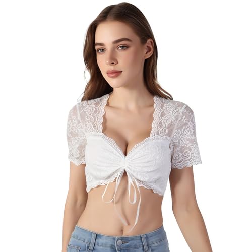 ZCJ Dirndl Bluse Damen, Dirndlbluse Kurzarm mit Spitze - Weiße Trachtenbluse Für Bayrische Tracht Oktoberfest & Dirndl L von ZCJ