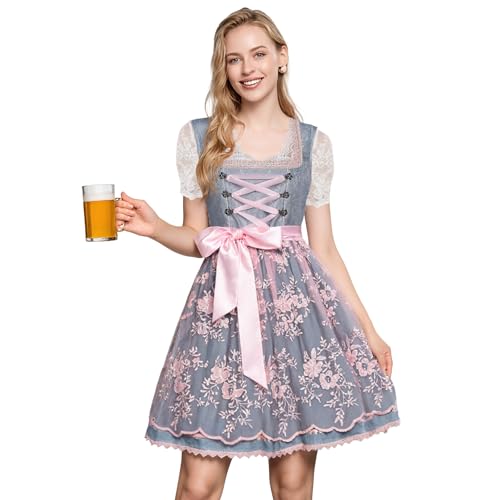 ZCJ Dirndl Damen Trachtenkleid Midi Dirndlkleid mit Trachtenbluse & Dirndlschürze, Oktoberfest Outfit Dirndl, Trachtenmode für Besondere Anlässe von ZCJ