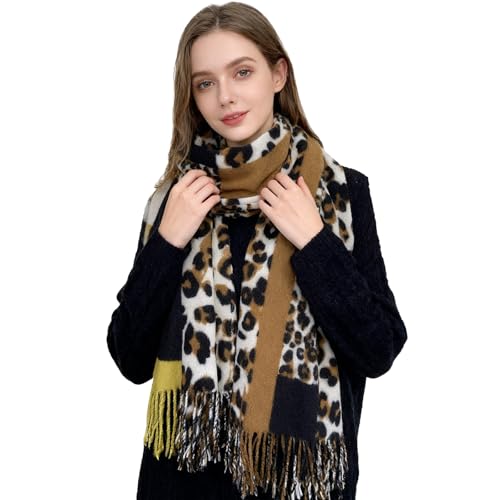 ZCJ Schal Damen Warm Herbst Winter Leopardenmuster - Kaschmir Gefühl Leo Halstuch mit Fransen, Winterschal für Damen als Premium Tuch & Animal Print Schals und Tücher für Abendkleid, Kamel von ZCJ