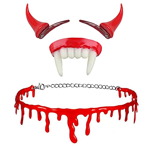 Halloween-Teufel-Haarspangen, tropfendes Blut, Choker-Halskette, falscher Zahn, roter Teufel, Ochsenhorn, Ohren, Haarspangen, Frauen, blutiges Schlüsselbein, Kette, Dämone, Vampir-Kopfschmuck, Schlüsselbein Halskette, Party-Haarschmuck Halloween-Teufel-Haarspangen, tropfendes Blut, Choker-Halskette, falscher Zahn, roter Teufel, Ochsenhorn, Ohren, Haarspangen, Frauen, blutiges Schlüsselbein, Kette, Dämone, Vampir-Kopfschmuck, Schlüsselbein Halskette, Party-Haarschmuck von ZCMG