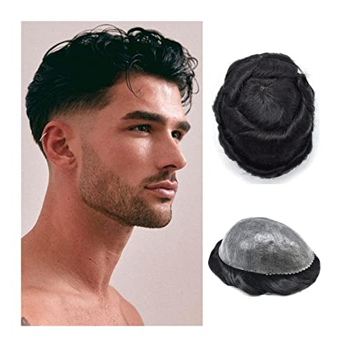Haarteil für Männer Toupet for Männer, Echthaar, langlebiges Ersatzsystem, 0,1–0,12 mm dünn, transparent, eingespritzte PU-Haut, männliche Perückeneinheit, tiefschwarze Herren-Toupet-Haarteile Perücke von GLigeT