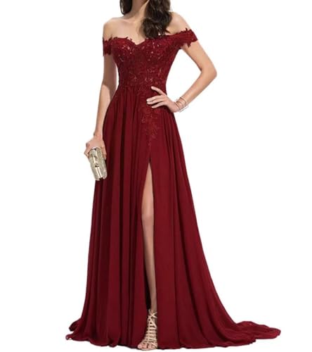 ZCXCsfp Apparel Damen Spitze Appliques Chiffon V-Ausschnitt Abendkleid Schulterfrei Lange Ballkleider mit Split Formal Party Hochzeit Bekleidung, weinrot, 38 von ZCXCsfp