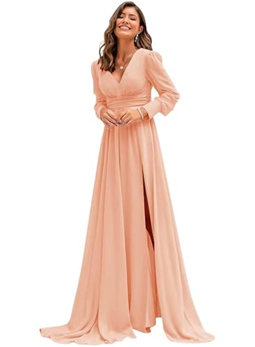 ZCXCsfp Damen Chiffon Brautjungfernkleid Langarm Ballkleid mit Schlitz Elegant V-Ausschnitt Chiffon Formelles Abendkleid, Blush Pink, 40 von ZCXCsfp
