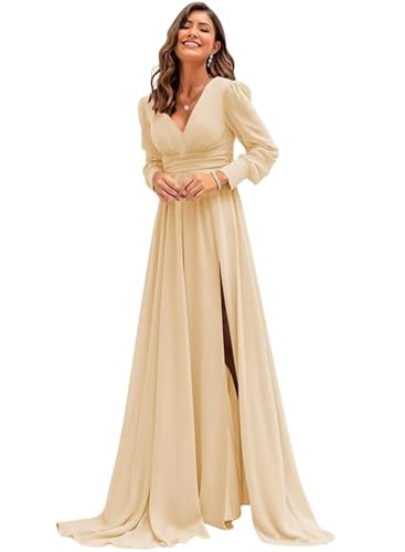 ZCXCsfp Damen Chiffon Brautjungfernkleid Langarm Ballkleid mit Schlitz Elegant V-Ausschnitt Chiffon Formelles Abendkleid, champagnerfarben, 44 von ZCXCsfp