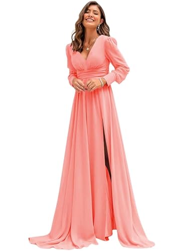 ZCXCsfp Damen Chiffon Brautjungfernkleid Langarm Ballkleid mit Schlitz Elegant V-Ausschnitt Chiffon Formelles Abendkleid, korallenrot, 40 von ZCXCsfp