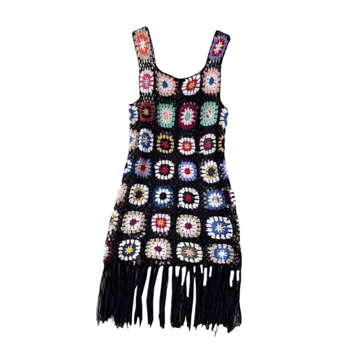 ZCXCsfp Damen Häkelkleid Oma quadratisch Minikleid ärmellos Cover-up Kleid Quasten Slip Kleid Sommer aushöhlen Strand kurzes Kleid Einheitsgröße, Schwarz , Einheitsgröße von ZCXCsfp