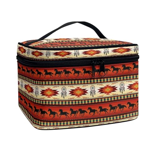 ZDCUSTOM Make-up-Tasche mit Griff, große Kapazität, tragbare Kosmetiktasche, Reise-Organizer für Damen und Herren, Rotes Südwestliches Aztekenpferd, Einheitsgröße von ZDCUSTOM