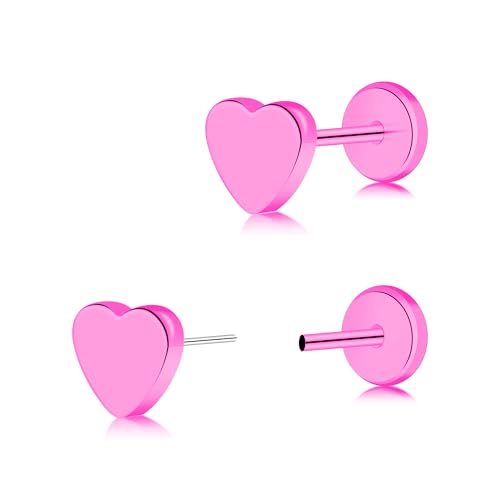 ZDE Frauen Ohrringe Threadless Flat Back Stern Ohrringe Titan Hypoallergene Knorpel Nicht-Nickel Rosa Push Back Ohrring Ohrstecker für empfindliche Ohren Einfache Ohrstecker (Threadless-Heart-Pink) von ZDE
