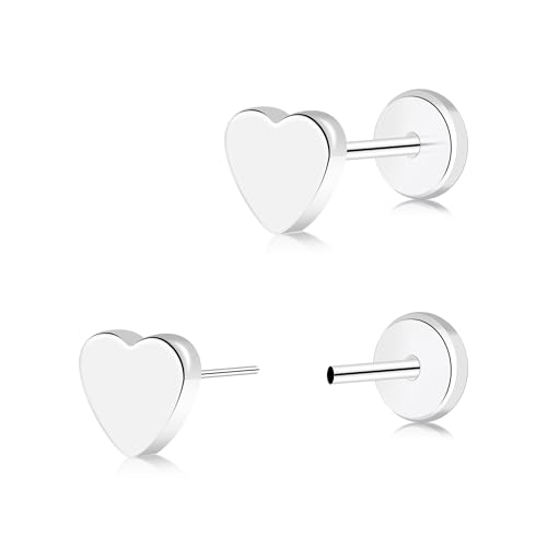 ZDE Frauen Ohrringe Threadless Flat Back Stern Ohrringe Titan Hypoallergene Knorpel Nicht-Nickel Rosa Push Back Ohrring Ohrstecker für empfindliche Ohren Einfache Ohrstecker (Threadless-Heart-Silver) von ZDE
