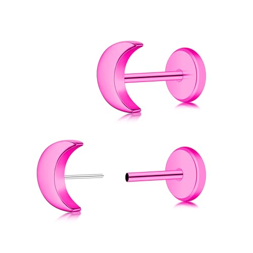ZDE Frauen Ohrringe Threadless Flat Back Stern Ohrringe Titan Hypoallergene Knorpel Nicht-Nickel Rosa Push Back Ohrring Ohrstecker für empfindliche Ohren Einfache Ohrstecker (Threadless-Moon-Pink) von ZDE