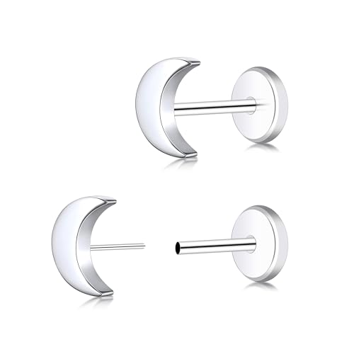 ZDE Frauen Ohrringe Threadless Flat Back Stern Ohrringe Titan Hypoallergene Knorpel Nicht-Nickel Rosa Push Back Ohrring Ohrstecker für empfindliche Ohren Einfache Ohrstecker (Threadless-Moon-Silver) von ZDE
