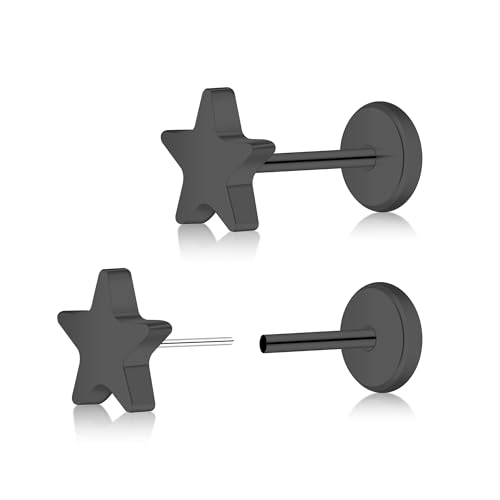 ZDE Frauen Ohrringe Threadless Flat Back Stern Ohrringe Titan Hypoallergene Knorpel Nicht-Nickel Rosa Push Back Ohrring Ohrstecker für empfindliche Ohren Einfache Ohrstecker (Black) von ZDE