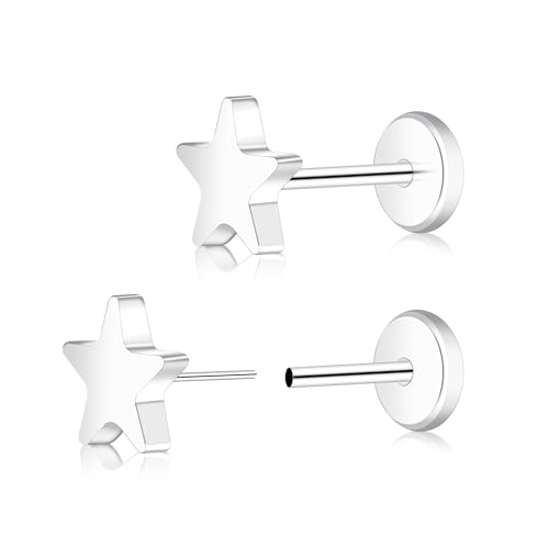 ZDE Frauen Ohrringe Threadless Flat Back Stern Ohrringe Titan Hypoallergene Knorpel Nicht-Nickel Rosa Push Back Ohrring Ohrstecker für empfindliche Ohren Einfache Ohrstecker (Silver) von ZDE