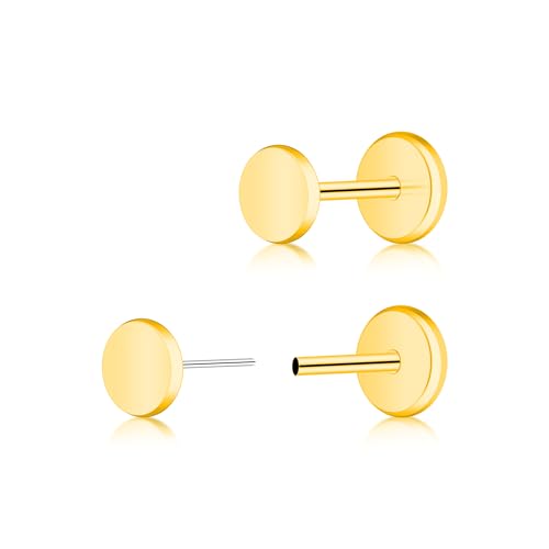 ZDE Frauen Ohrringe Threadless flachen Rücken Punkt 14k Gold Ohrringe Titan Hypoallergene Knorpel Non-Nickel Push Back Ohrring Ohrstecker für empfindliche Ohren einfache Ohrstecker (Gold, 5MM) von ZDE