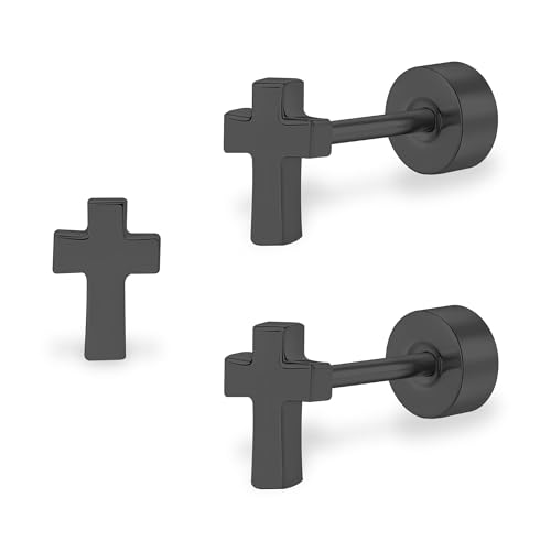 ZDE Titan Frauen Flatback Ohrringe Himmlische Blitz Bolzen Damen Ohrringe 5mm flach zurück CZ Ohrring hypoallergen Knorpel Flatback Ohrring Tragus Helix Tragus Conch Piercing (Cross-Black-DE) von ZDE