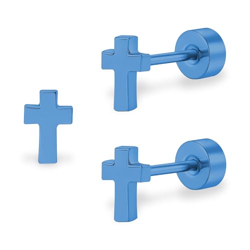 ZDE Titan Frauen Flatback Ohrringe Himmlische Blitz Bolzen Damen Ohrringe 5mm flach zurück CZ Ohrring hypoallergen Knorpel Flatback Ohrring Tragus Helix Tragus Conch Piercing (Cross-Blue-DE) von ZDE