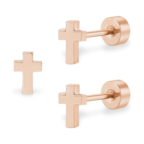 ZDE Titan Frauen Flatback Ohrringe Himmlische Blitz Bolzen Damen Ohrringe 5mm flach zurück CZ Ohrring hypoallergen Knorpel Flatback Ohrring Tragus Helix Tragus Conch Piercing (Cross-Rose Gold-DE) von ZDE