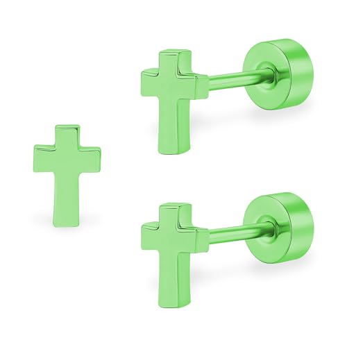 ZDE Titan Frauen Flatback Ohrringe Himmlische Blitz Bolzen Damen Ohrringe 5mm flach zurück CZ Ohrring hypoallergen Knorpel Flatback Ohrring Tragus Helix Tragus Conch Piercing (Cross-Green-DE) von ZDE