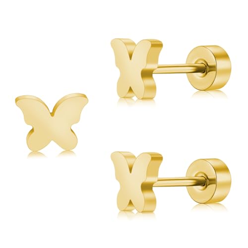 ZDE Titan Frauen Flatback Ohrringe Himmlische Blitz Bolzen Damen Ohrringe 5mm flach zurück CZ Ohrring hypoallergen Knorpel Flatback Ohrring Tragus Helix Tragus Conch Piercing (Butterfly-Gold) von ZDE