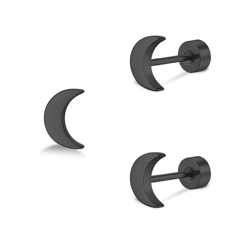 ZDE Titan Damen flach zurück Herz Ohrringe Frauen Nicht-Nickel Ohrringe hypoallergen Knorpel Ohrstecker für empfindliche Ohren einfache klassische 5mm flach Ohrstecker (Moon-Black) von ZDE