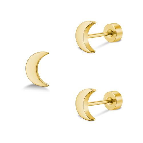 ZDE Titan Damen flach zurück Herz Ohrringe Frauen Nicht-Nickel Ohrringe hypoallergen Knorpel Ohrstecker für empfindliche Ohren einfache klassische 5mm flach Ohrstecker (Moon-Gold) von ZDE
