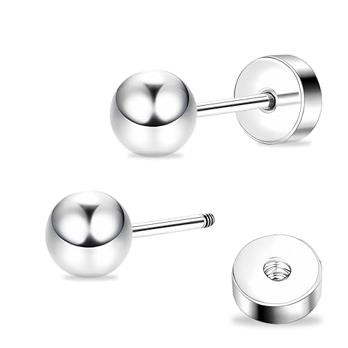 ZDE Titan Damen Ohrringe flach zurück Kugel Ohrstecker Frauen hypoallergene stecker für empfindliche Ohren 5mm flach Ohrstecker perfekt für Helix Tragus Knorpel Ohrläppchen (Silver) von ZDE