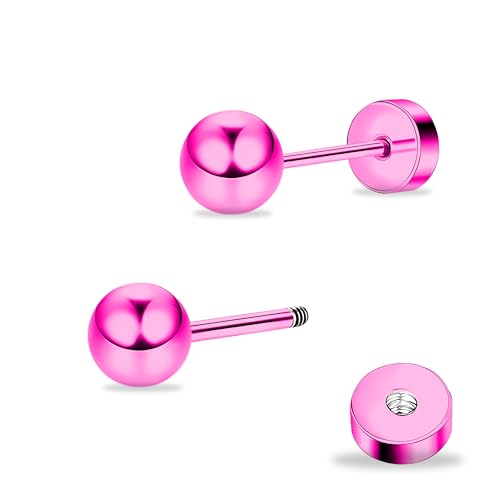 ZDE Titan Damen Ohrringe flach zurück Kugel Ohrstecker Frauen hypoallergene stecker für empfindliche Ohren 3mm flach Ohrstecker perfekt für Helix Tragus Knorpel Ohrläppchen (Pink) von ZDE