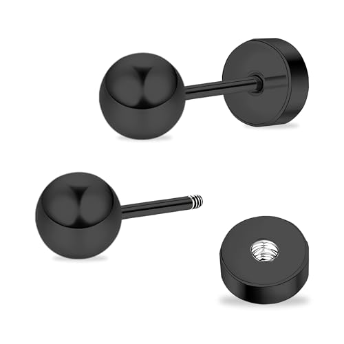 ZDE Titan Damen Ohrringe flach zurück Kugel Ohrstecker Frauen hypoallergene stecker für empfindliche Ohren flach Ohrstecker perfekt für Helix Tragus Knorpel Ohrläppchen (Black, 6MM) von ZDE