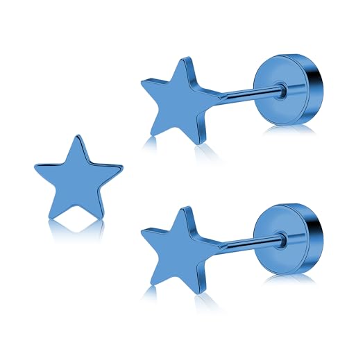 ZDE Titan Damen flach zurück Herz Ohrringe Frauen Nicht-Nickel Ohrringe hypoallergen Knorpel Ohrstecker für empfindliche Ohren einfache klassische 5mm flach Ohrstecker (Star-Blue) von ZDE