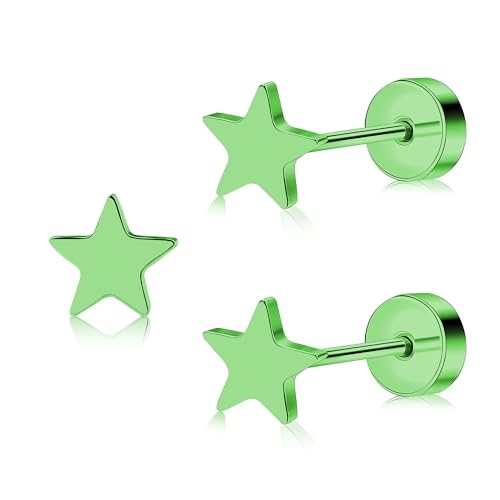 ZDE Titan Damen flach zurück Herz Ohrringe Frauen Nicht-Nickel Ohrringe hypoallergen Knorpel Ohrstecker für empfindliche Ohren einfache klassische 5mm flach Ohrstecker (Star-Green) von ZDE