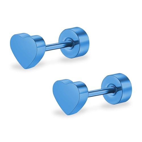 ZDE Titan Damen flach zurück Herz Ohrringe Frauen Nicht-Nickel Ohrringe hypoallergen Knorpel Ohrstecker für empfindliche Ohren einfache klassische 5mm flach Ohrstecker (Heart-Blue) von ZDE