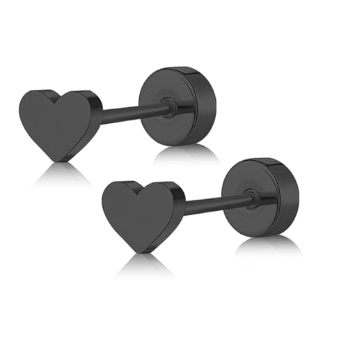 ZDE Titan Damen flach zurück Herz Ohrringe Frauen Nicht-Nickel Ohrringe hypoallergen Knorpel Ohrstecker für empfindliche Ohren einfache klassische 5mm flach Ohrstecker (Heart-Black) von ZDE