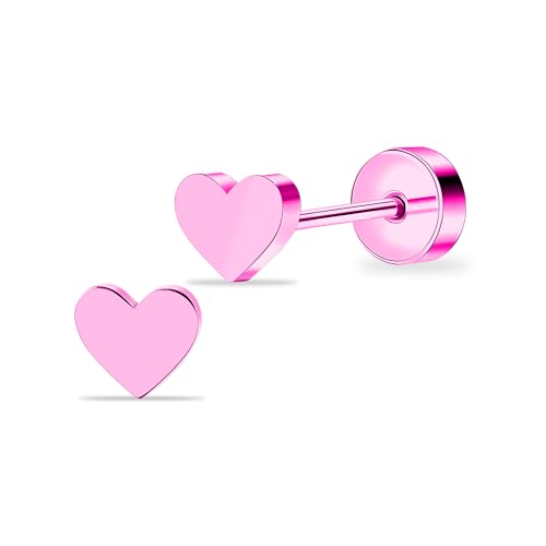 ZDE Titan Damen flach zurück Herz Ohrringe Frauen Nicht-Nickel Ohrringe hypoallergen Knorpel Ohrstecker für empfindliche Ohren einfache klassische 5mm flach Ohrstecker (Heart-Pink) von ZDE