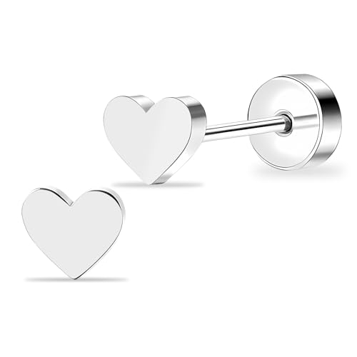 ZDE Titan Damen flach zurück Herz Ohrringe Frauen Nicht-Nickel Ohrringe hypoallergen Knorpel Ohrstecker für empfindliche Ohren einfache klassische 5mm flach Ohrstecker (Heart-Silver) von ZDE