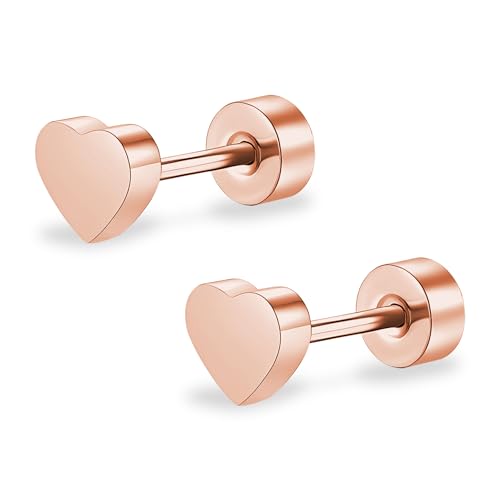 ZDE Titan Damen flach zurück Herz Ohrringe Frauen Nicht-Nickel Ohrringe hypoallergen Knorpel Ohrstecker für empfindliche Ohren einfache klassische 5mm flach Ohrstecker (Heart-Rose Gold) von ZDE