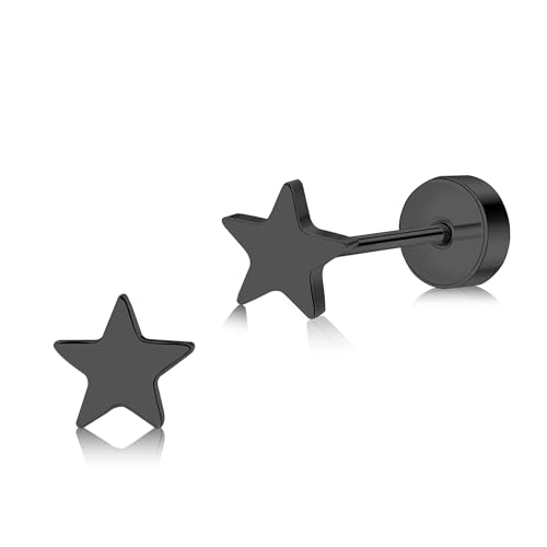 ZDE Titan Damen flach zurück Herz Ohrringe Frauen Nicht-Nickel Ohrringe hypoallergen Knorpel Ohrstecker für empfindliche Ohren einfache klassische 5mm flach Ohrstecker (Star-Black) von ZDE