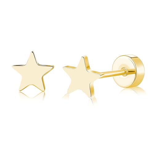 ZDE Titan Damen flach zurück Herz Ohrringe Frauen Nicht-Nickel Ohrringe hypoallergen Knorpel Ohrstecker für empfindliche Ohren einfache klassische 5mm flach Ohrstecker (Star-Gold) von ZDE