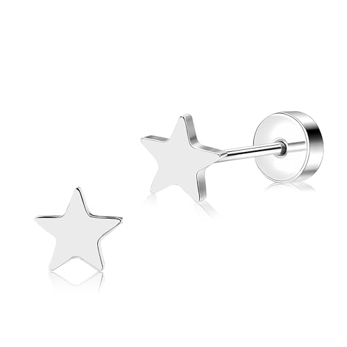 ZDE Titan Damen flach zurück Herz Ohrringe Frauen Nicht-Nickel Ohrringe hypoallergen Knorpel Ohrstecker für empfindliche Ohren einfache klassische 5mm flach Ohrstecker (Star-Silver) von ZDE