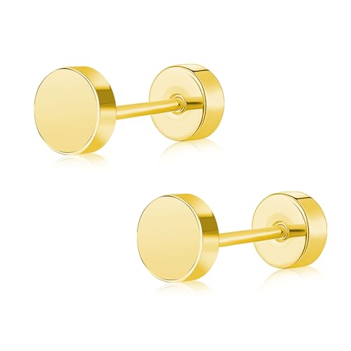 DE Titan Damen flach zurück Ohrstecker Frauen hypoallergene Ohrringe für empfindliche Ohren einfach klassisch flach Ohrstecker perfekt für Helix Tragus Knorpel (Gold, 6MM) von ZDE