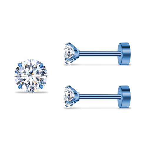 ZDE Titan Damen flache Ohrringe für Frauen Zirkonia Ohrstecker flache zurück Ohrringe hypoallergen Knorpel Flatback Ohrring Tragus Helix Tragus Conch Piercing (Blue, 3mm) von ZDE
