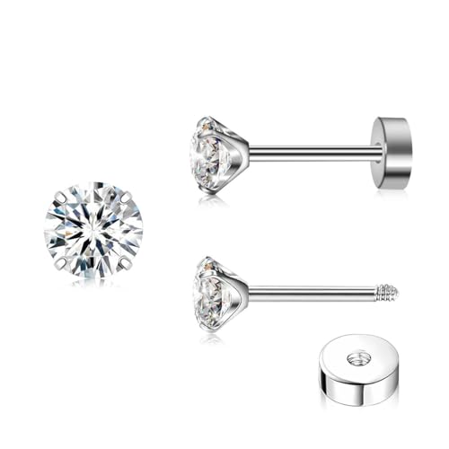 ZDE Titan Damen flache Ohrringe für Frauen Zirkonia Ohrstecker flache zurück Ohrringe hypoallergen Knorpel Flatback Ohrring Tragus Helix Tragus Conch Piercing (Silver, 3mm) von ZDE