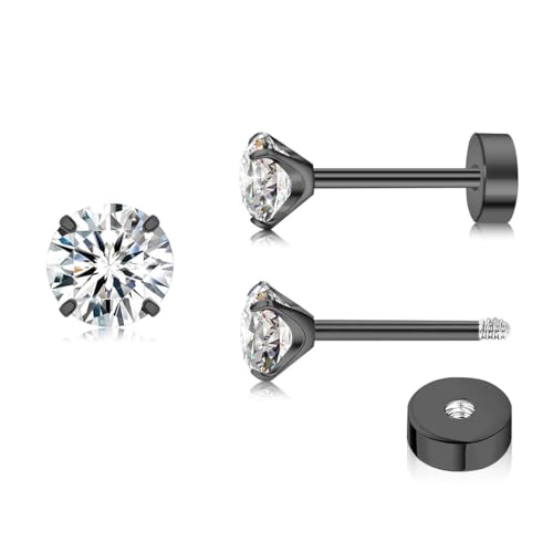 ZDE Titan Damen flache Ohrringe für Frauen Zirkonia Ohrstecker flache zurück Ohrringe hypoallergen Knorpel Flatback Ohrring Tragus Helix Tragus Conch Piercing (Black, 4mm) von ZDE