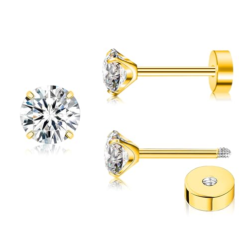 ZDE Titan Damen flache Ohrringe für Frauen Zirkonia Ohrstecker 5mm flache zurück Ohrringe hypoallergen Knorpel Flatback Ohrring Tragus Helix Tragus Conch Piercing - Gold von ZDE