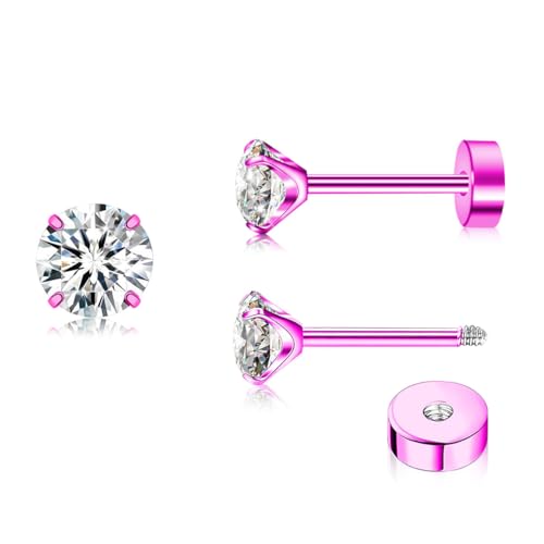 ZDE Titan Damen flache Ohrringe für Frauen Zirkonia Ohrstecker 5mm flache zurück Ohrringe hypoallergen Knorpel Flatback Ohrring Tragus Helix Tragus Conch Piercing - Rosa von ZDE