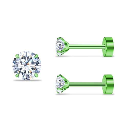 ZDE Titan Damen flache Ohrringe für Frauen Zirkonia Ohrstecker flache zurück Ohrringe hypoallergen Knorpel Flatback Ohrring Tragus Helix Tragus Conch Piercing (Green, 4mm) von ZDE